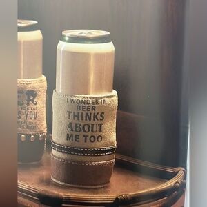Myra ‘Beer thinks about me “ canvas can holder, new